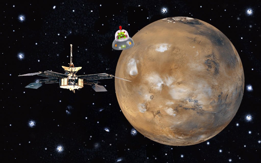 National Red Planet Day - Tag des Roten Planeten in den USA. Kuriose Feiertage - 28. November © 2020 Sven Giese - Bild 1 Der Planet Mars mit einer Raumsonde und einem kleinen Cartoon-UFO im Hintergrund des Universums.