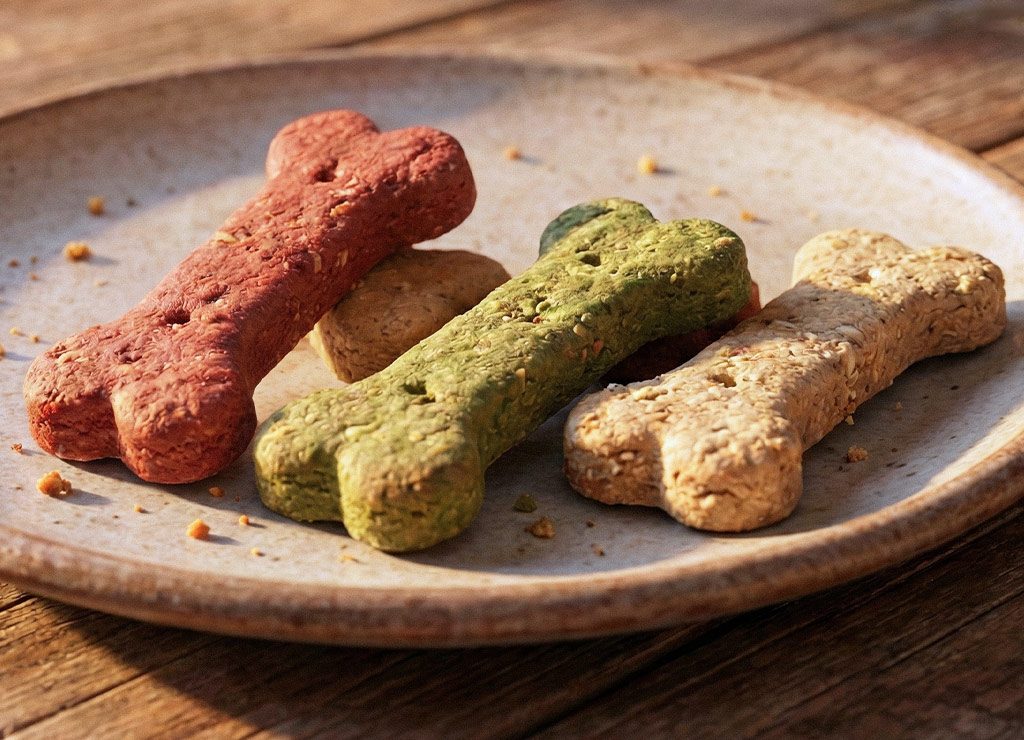 Drei Hundekekse in Knochenform auf Teller, rot und grün, Krümel daneben im Sonnenlicht.