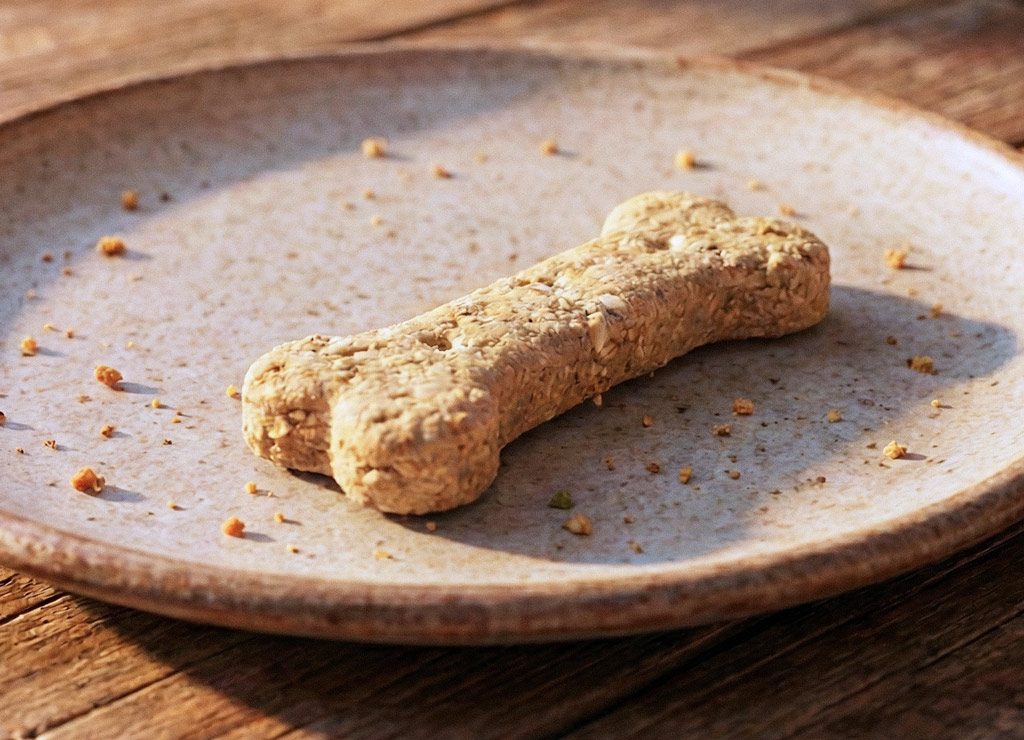 Hundekeks in Knochenform liegt allein auf Keramikteller, Krümel im Sonnenlicht auf Holztisch.
