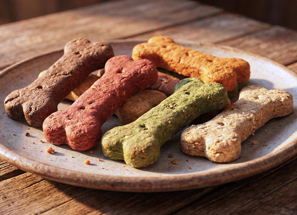 Bunte Hundekekse in Knochenform liegen auf einem Teller, warmes Morgenlicht, dezenter Holzhintergrund unscharf.