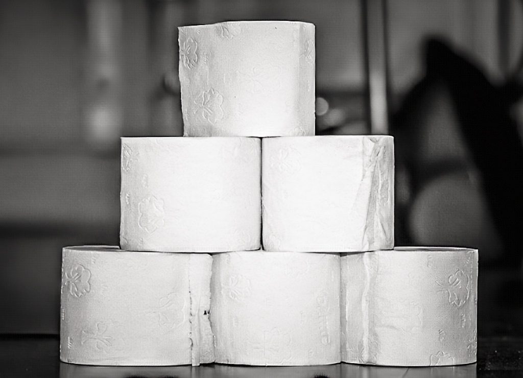 National Toilet Paper Day – Tag des Toilettenpapiers in den USA. Kuriose Feiertage - 26. August © 2024 Sven Giese – Bild 2 Ein Stapel aus sechs Toilettenpapierrollen, drei unten, zwei in der Mitte und eine oben, in Schwarz-Weiß.