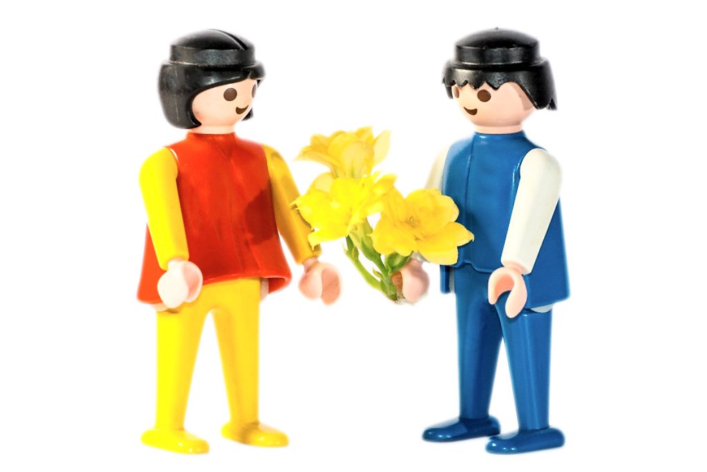 Random Acts of Kindness Day - Tag der spontanen Nettigkeiten in Neuseeland und den USA. Kuriose Feiertage - 17. Februar © 2021 Sven Giese Zwei Playmobil-Figuren. Eine überreicht der anderen einen kleinen Strauß gelber Blumen.