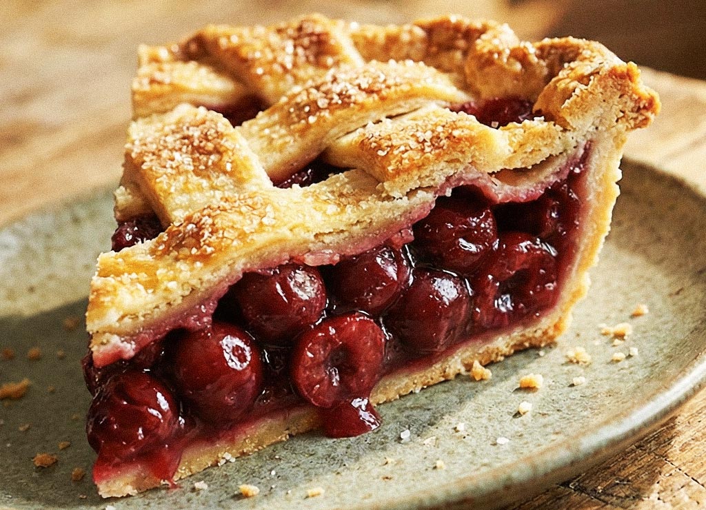 Stück Kirschkuchen mit Gitterdecke, saftige Kirschen quellen aus der Füllung auf Teller.