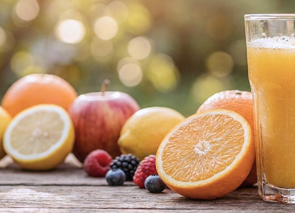 Glas Orangensaft neben halbierter Orange, Zitrone, Apfel und Beeren auf rustikalem Holztisch.