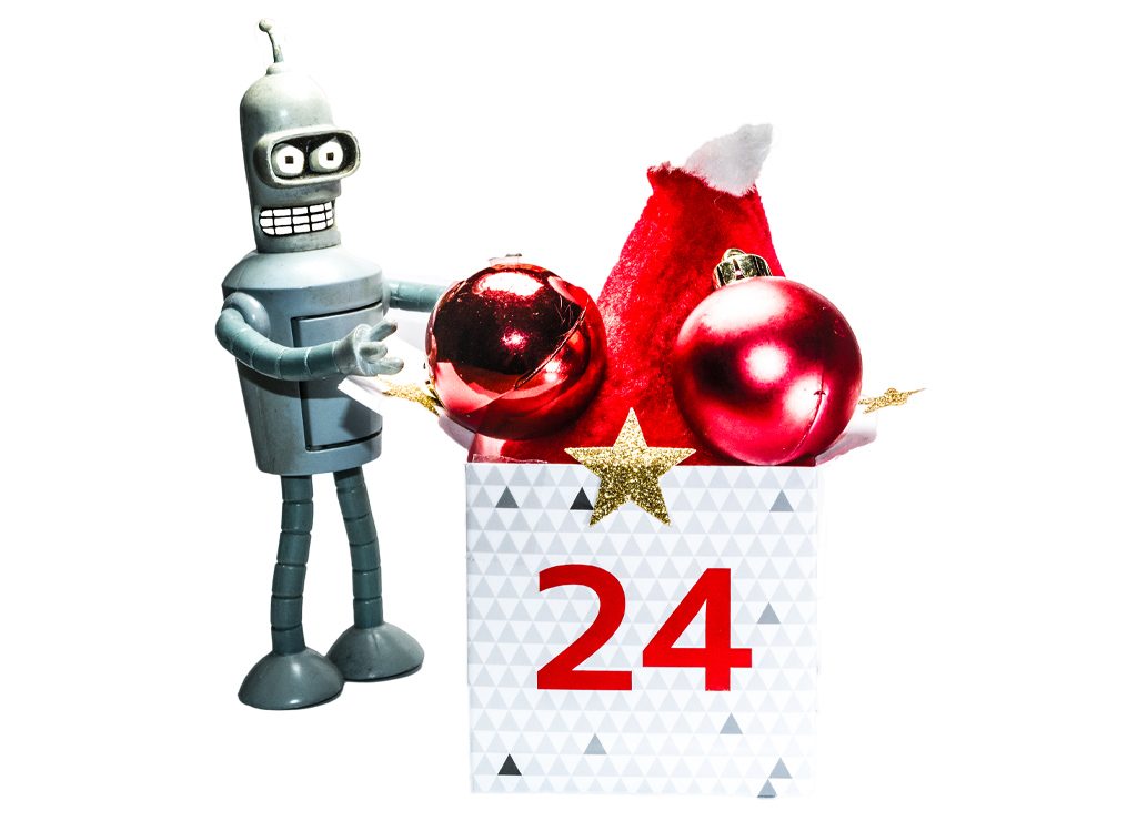 Holiday Breather Day – Tag der Feiertags-Verschnaufpause in den USA. Kuriose Feiertage - 28. Dezember © 2022 Sven Giese. Roboter mit Weihnachtsdeko und Adventsbox mit der Zahl 24 auf hellem Hintergrund.