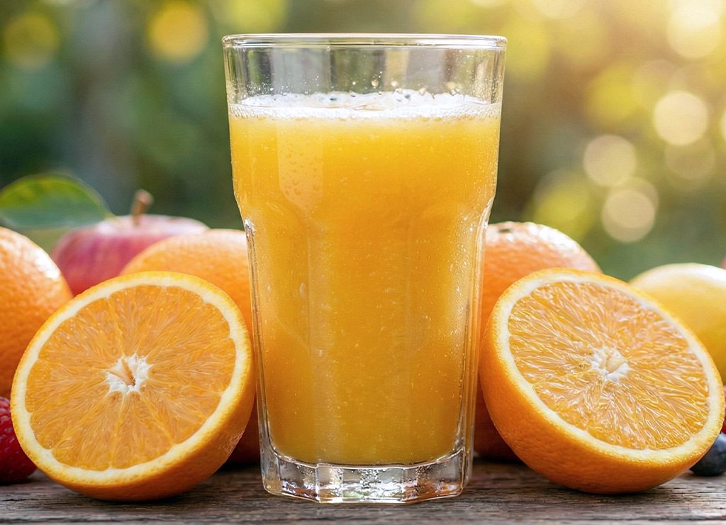 Glas frisch gepresster Orangensaft zwischen halbierten Orangen auf Holztisch im Garten bei warmem Sonnenlicht.