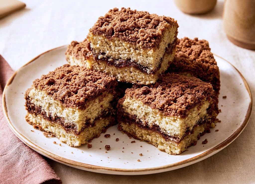 Ein Teller mit vier Stücken Coffee Cake mit Streuseln auf einem Tisch mit heller Tischdecke und rötlicher Servierte daneben.