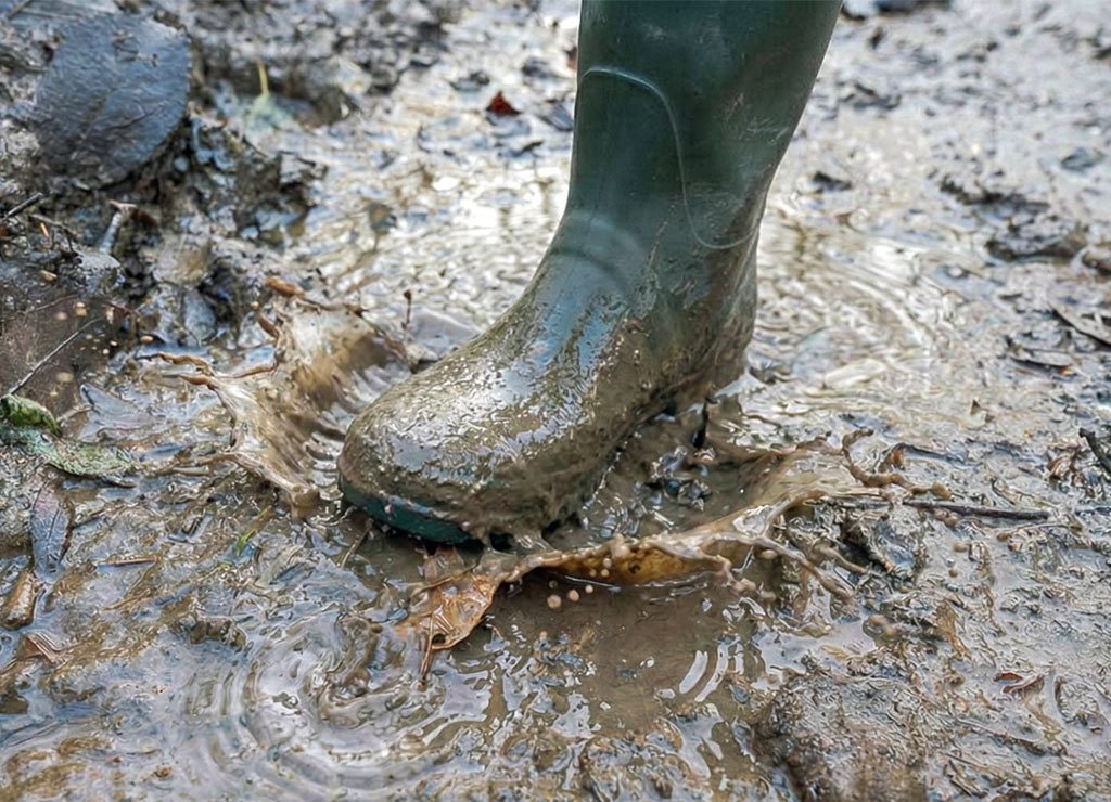 Nasser Gummistiefel landet in Pfütze, braunes Wasser spritzt über matschigen Waldboden.