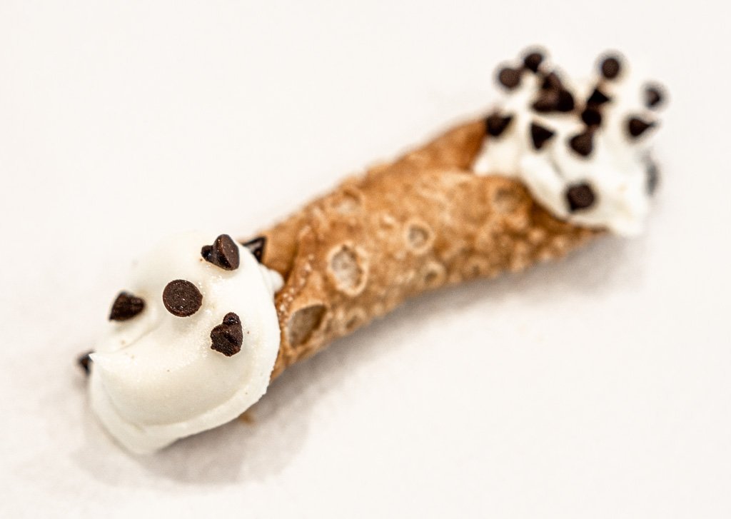 Nahaufnahme eines Cannolo mit Cremefüllung und vielen Schokostückchen.