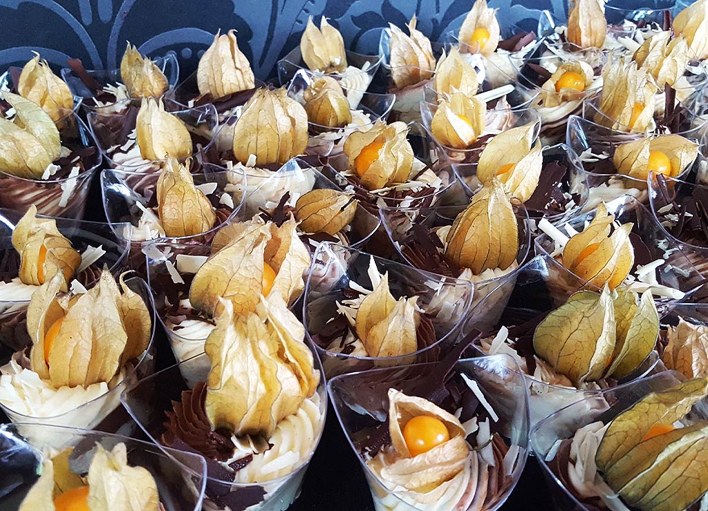 Eine Sammlung von Dessertgläsern, die mit dunkler Schokolade, Creme und ganzen Physalis-Früchten dekoriert sind. Die Desserts sind kunstvoll geschichtet und in transparenten Gläsern serviert.