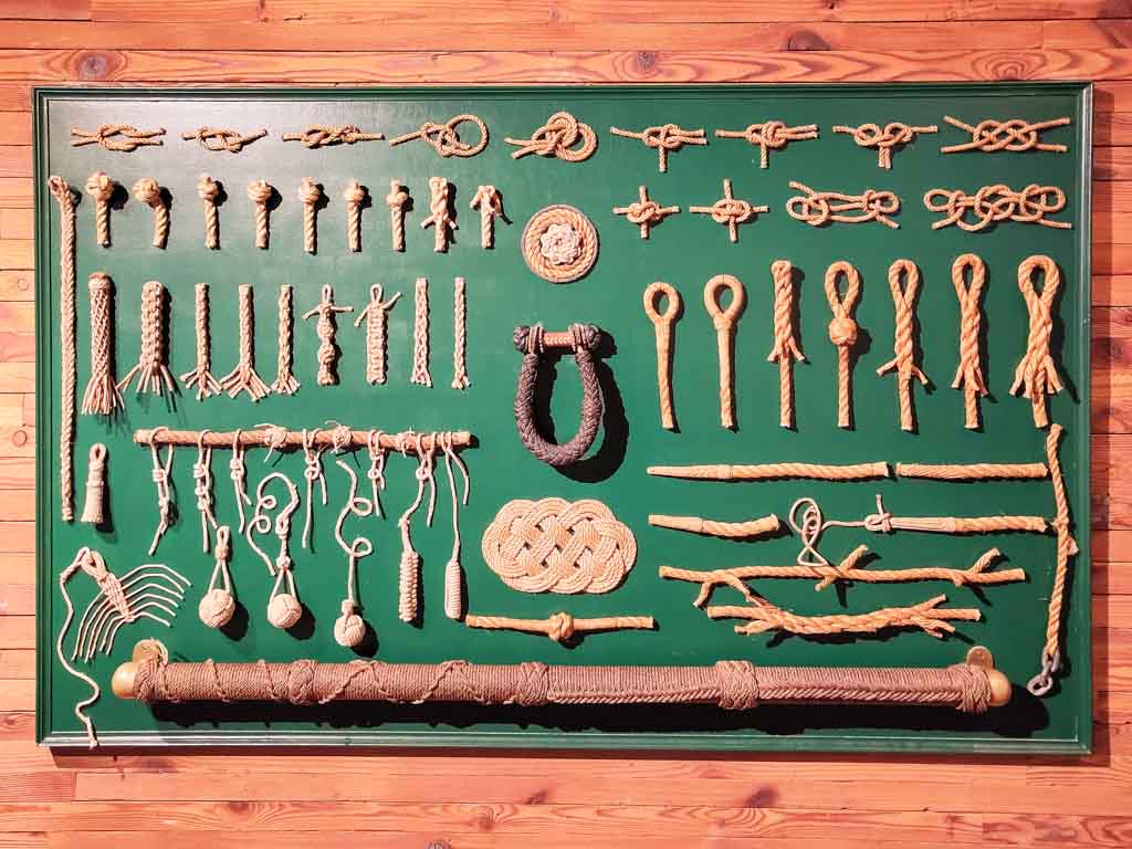 Eine komplette Wandpräsentation von Knoten und Seiltechniken auf einem grünen Brett.