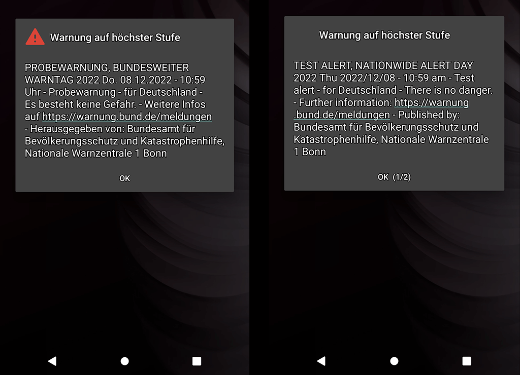 Warntag in Deutschland. Kuriose Feiertage – zweiter Donnerstag im September © 2024 Sven Giese - Bild 2 Zwei Smartphone-Bildschirme, die eine Testwarnung auf höchster Stufe für den bundesweiten Warntag 2022 in Deutschland anzeigen.