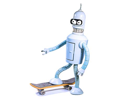 Bender-Roboter-Figur steht auf einem Skateboard mit ausgestreckten Armen und Blick nach vorn.