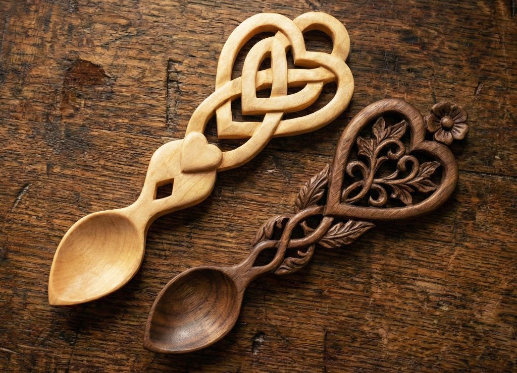Zwei geschnitzte Holzlöffel aus hellem und dunklem Holz mit Herz- und Knotendekor.
