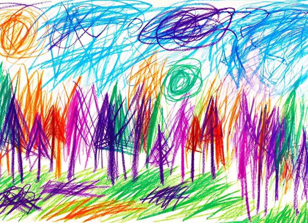 Kinderzeichnung mit bunten Bäumen, grünem Boden und kräftigem Himmel in Blau und Orange.