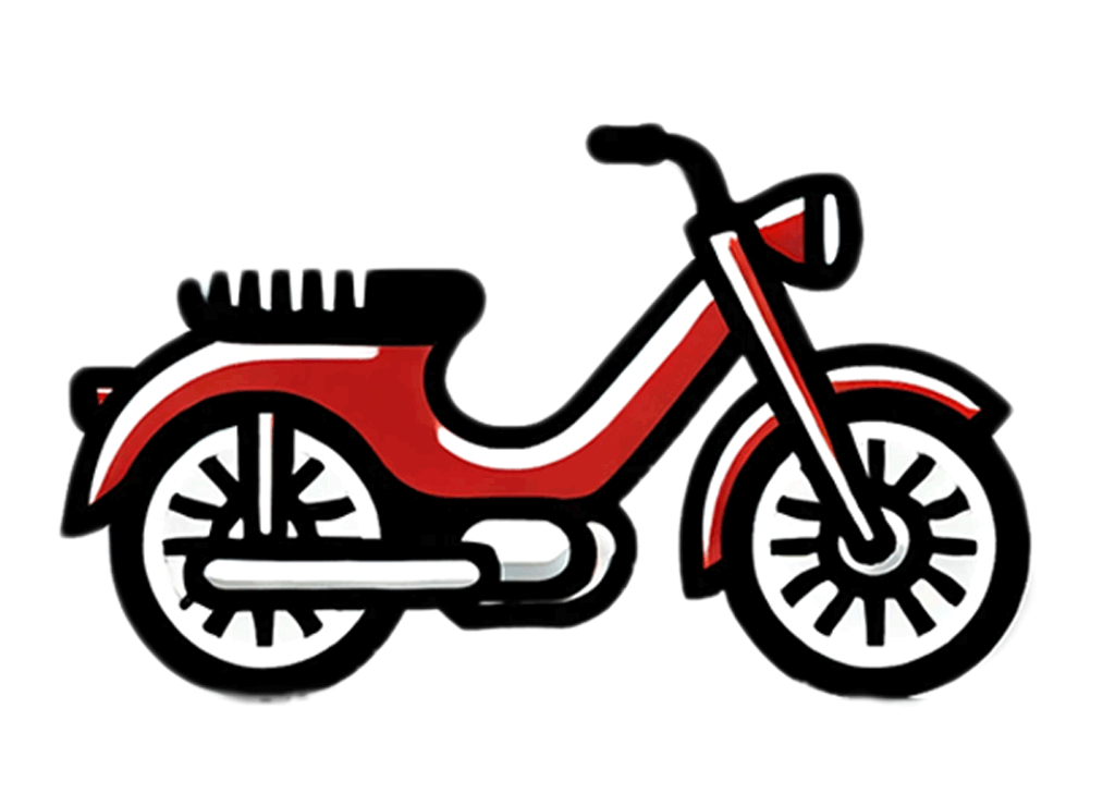 Mofa-Tag in Deutschland. Kuriose Feiertage - 21. Juni © 2024 Sven Giese. Rotes, stilisiertes Moped-Icon mit schwarzem Rahmen und weißen Details vor Weiß.