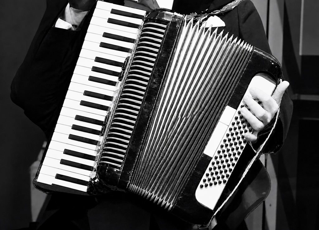World Accordion Day – Internationaler Tag des Akkordeons. Kuriose Feiertage – 6. Mai © 2026 Sven Giese. Nahaufnahme eines Akkordeonspielers in Schwarz-Weiß, Hände auf Tasten und Knöpfen des Instruments.