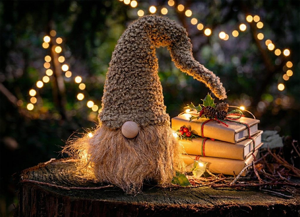 Gnomfigur mit langer Filzmütze, Bücherstapel mit Lichterkette, warme Weihnachtslichter im Wald hinten.
