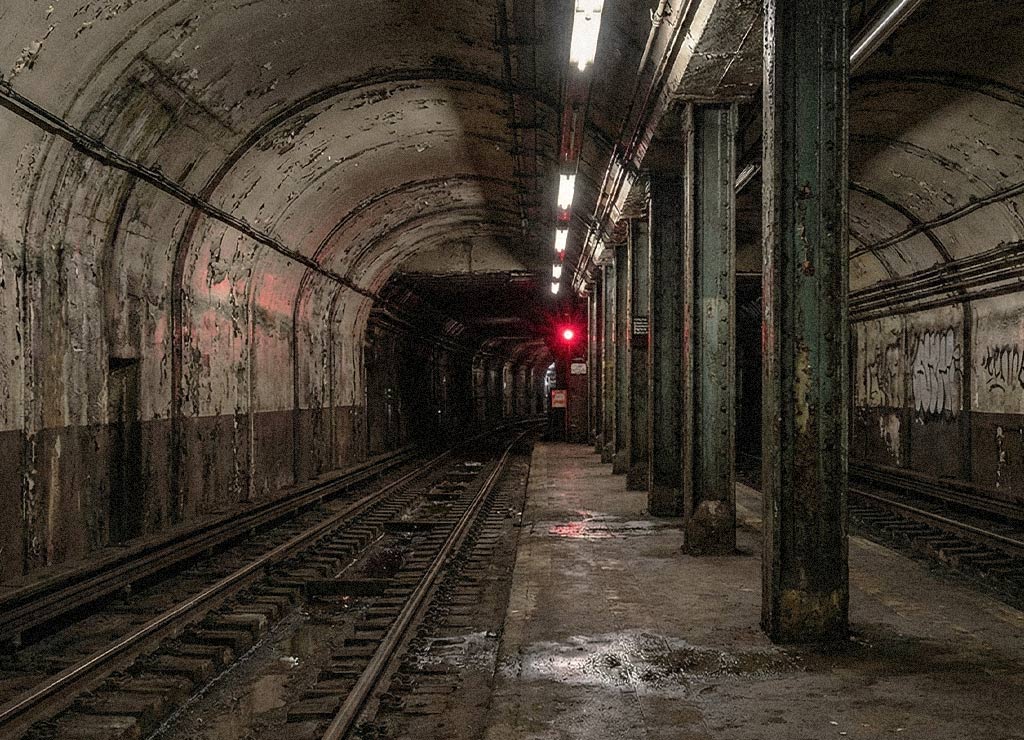 Alter U-Bahntunnel mit Gleisen und Bahnsteig, rostigen Stützen und rotem Signallicht in der Ferne.