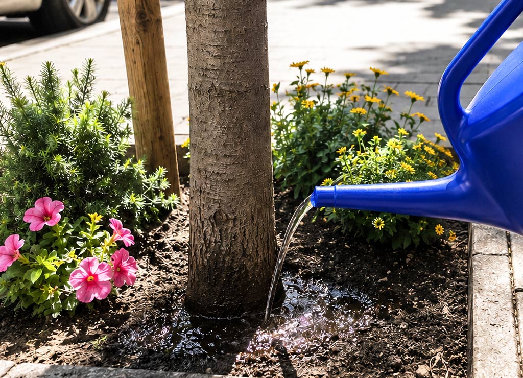 Tag der Gießkanne in Deutschland. Kuriose Feiertage – 4. Juli (c) 2026 Sven Giese – Bild 2 Aus blauer Gießkanne fließt Wasser an einen Stadtbaum zwischen rosa und gelben Blumen.