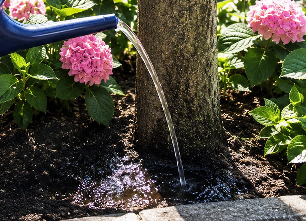 Tag der Gießkanne in Deutschland. Kuriose Feiertage – 4. Juli (c) 2026 Sven Giese – Bild 3 Aus blauer Gießkanne fließt Wasser an einen Stadtbaum zwischen blühenden rosa Hortensien.
